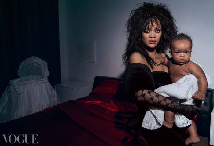 Rihanna holds her baby for a Vogue cover shoot.