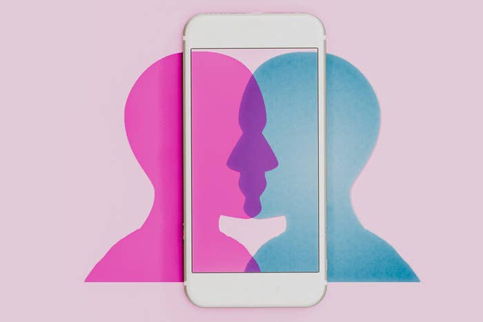 graphic of two shadows of people&#x27;s head overlapping with a phone screen layered on top