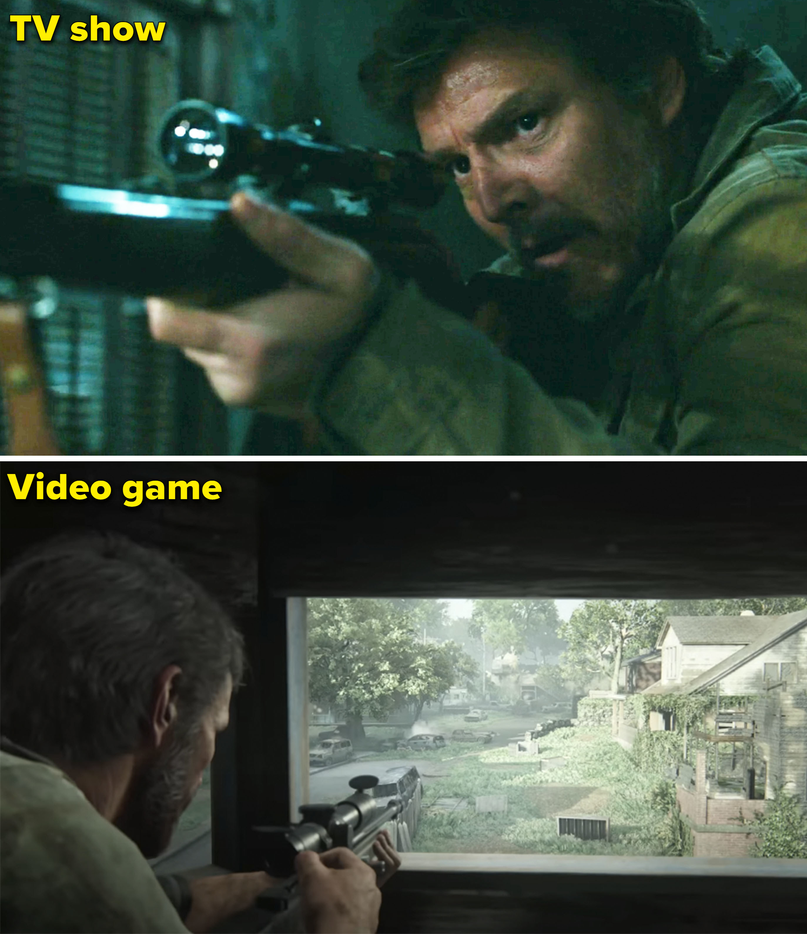 Joel shooting out a window in the show vs game