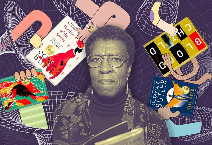 Octavia Butler surrounded by her books