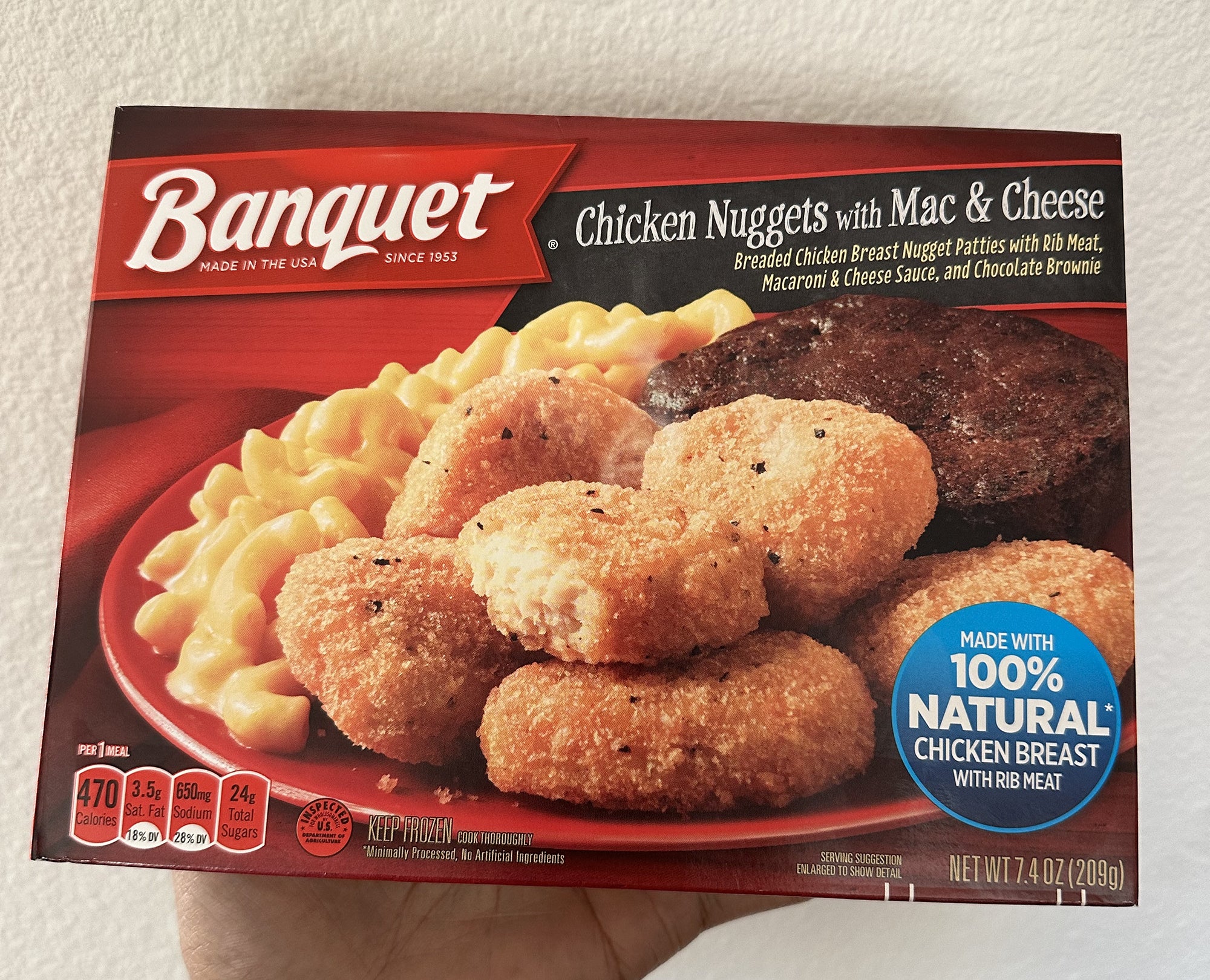 A Banquet Chicken Nuggets frozen dinner package
