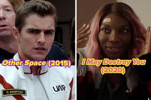 two images: on the left, dave franco furrows his brows in a space suit for the show "other space," on the right is michaela coel in "i may destroy you"