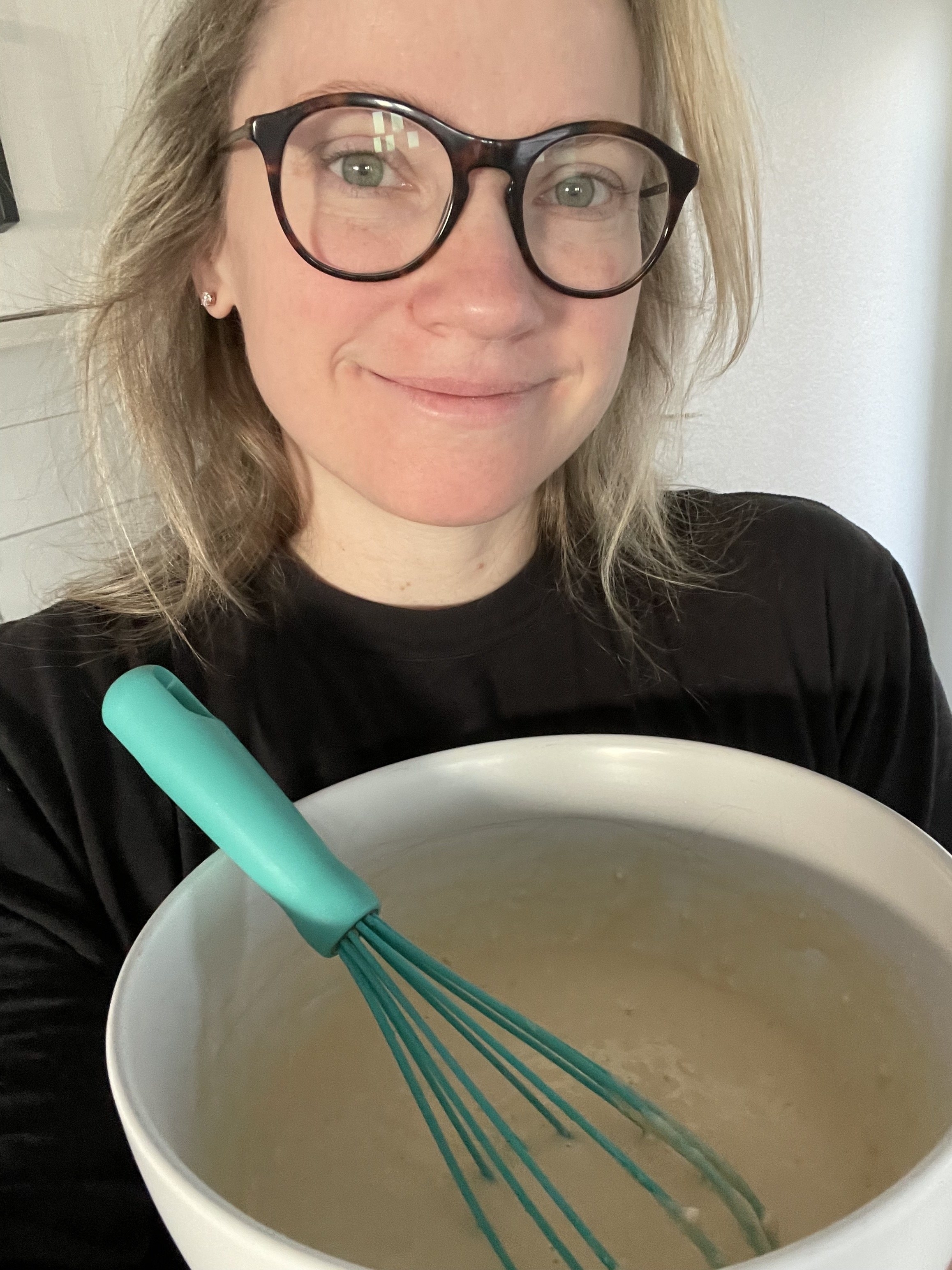 the author with a bowl of pancake batter