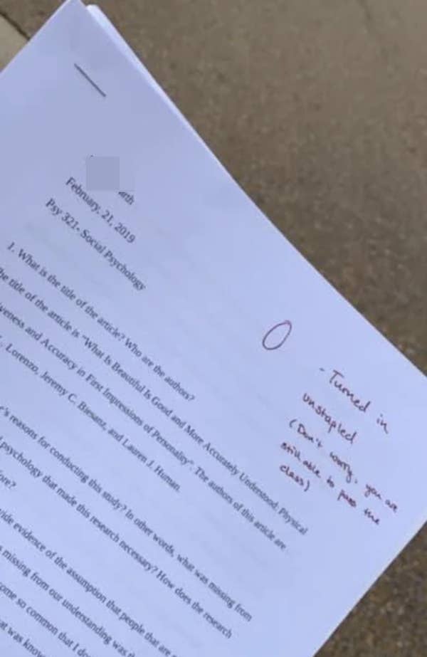A 0 on a paper for it not being stapled