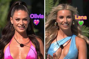 two images from love island uk 2023: on the left is olivia and on the right is lana. theyboth wear swimsuits and large hoop earrings.