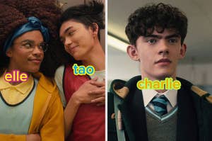 two images from heartstopper on netflix: on the left is elle and tao, laying in the ground and looking into each other's eyes. on the right is charlie, wearing his school uniform, face relaxed