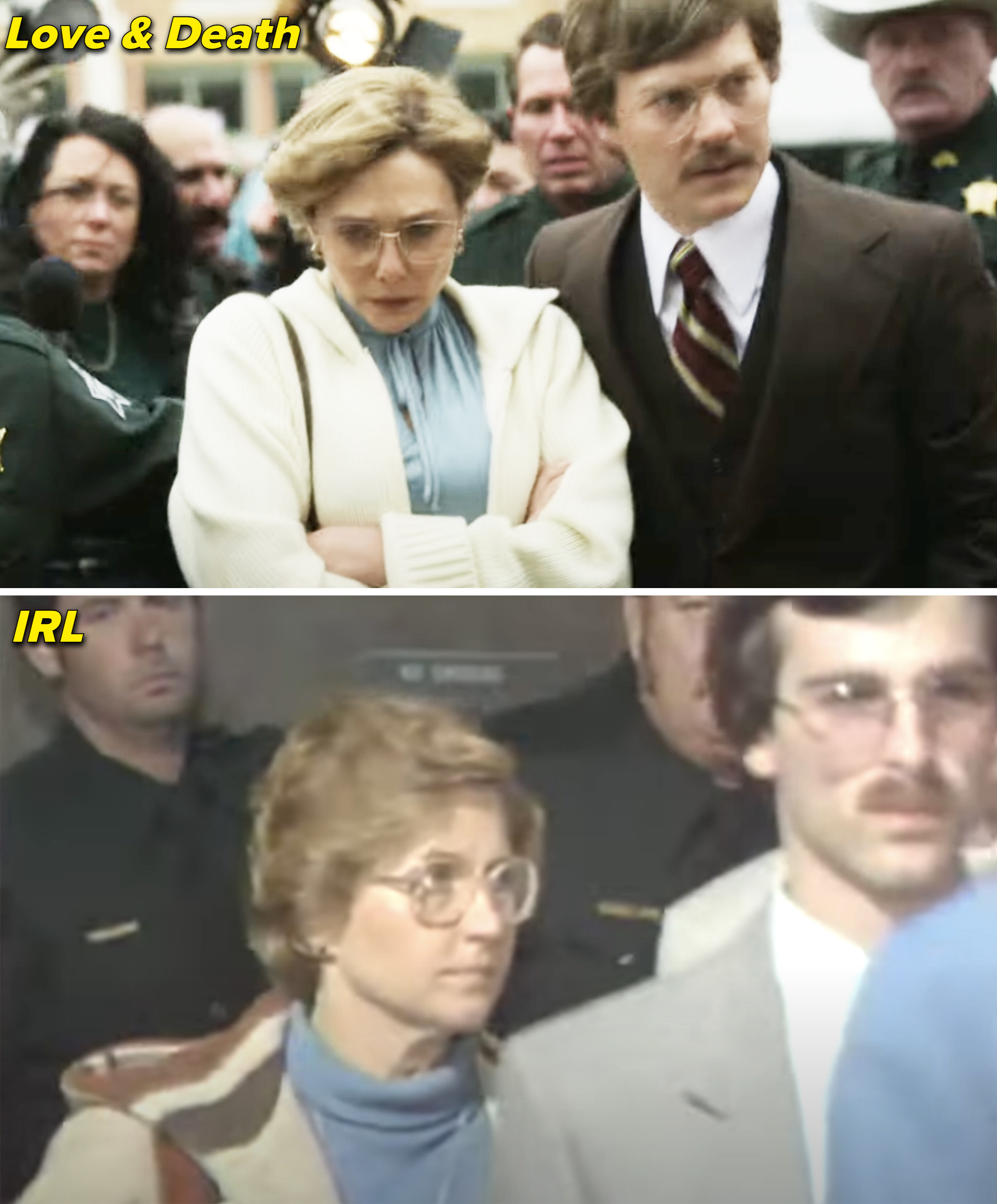 Elisabeth as Candy walking through a crowd, including police, in the top image and the real Candy in the same situation in the image below