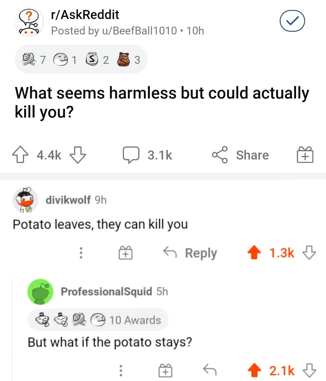 person who says potato leaves can kill you and someone responds but what if the potato stays