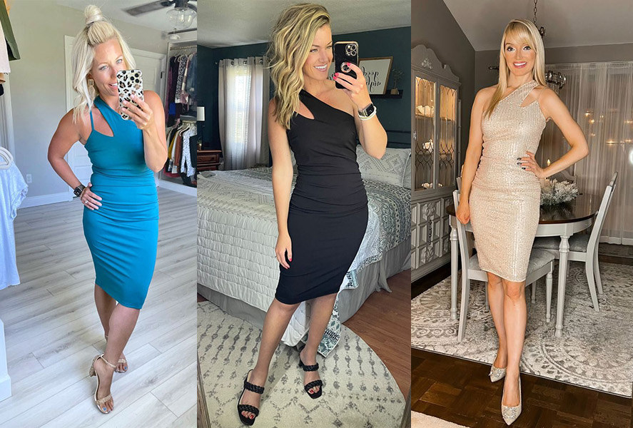 three photos of people wearing the dress