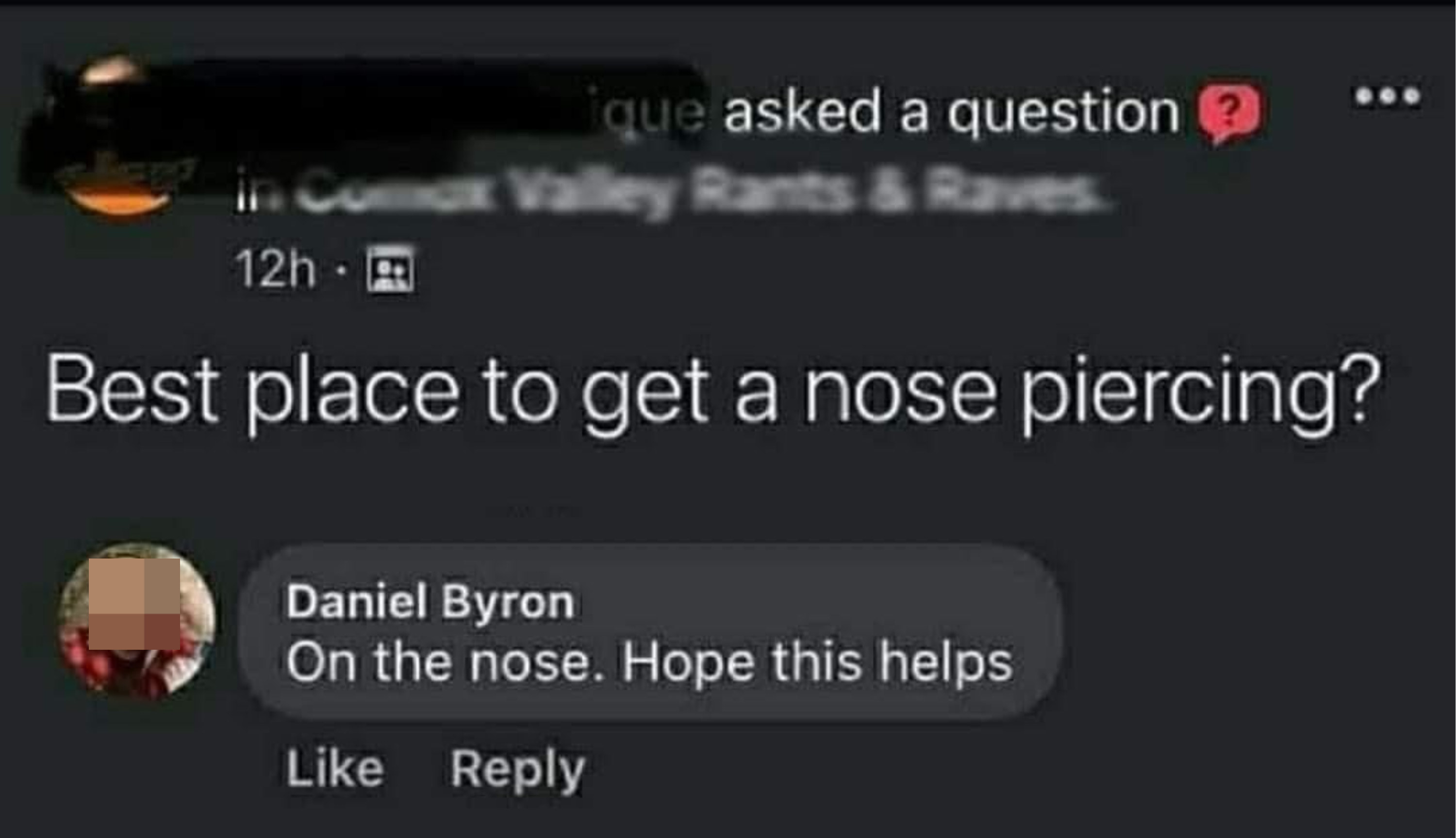 person asks where the best place to get nose piercings is and someone replies it is the nose