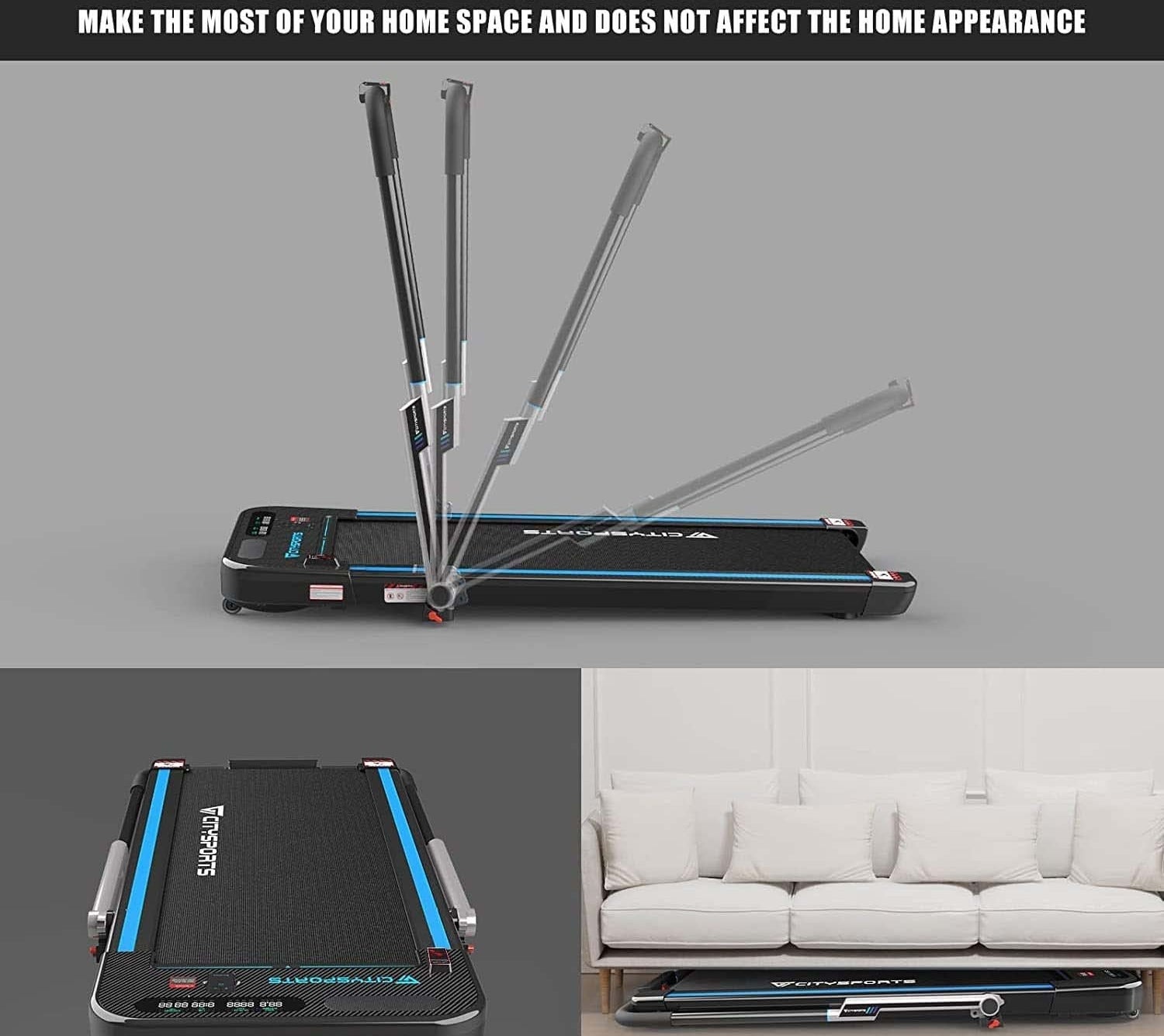 a visual of how to fold the treadmill and tuck it under a couch
