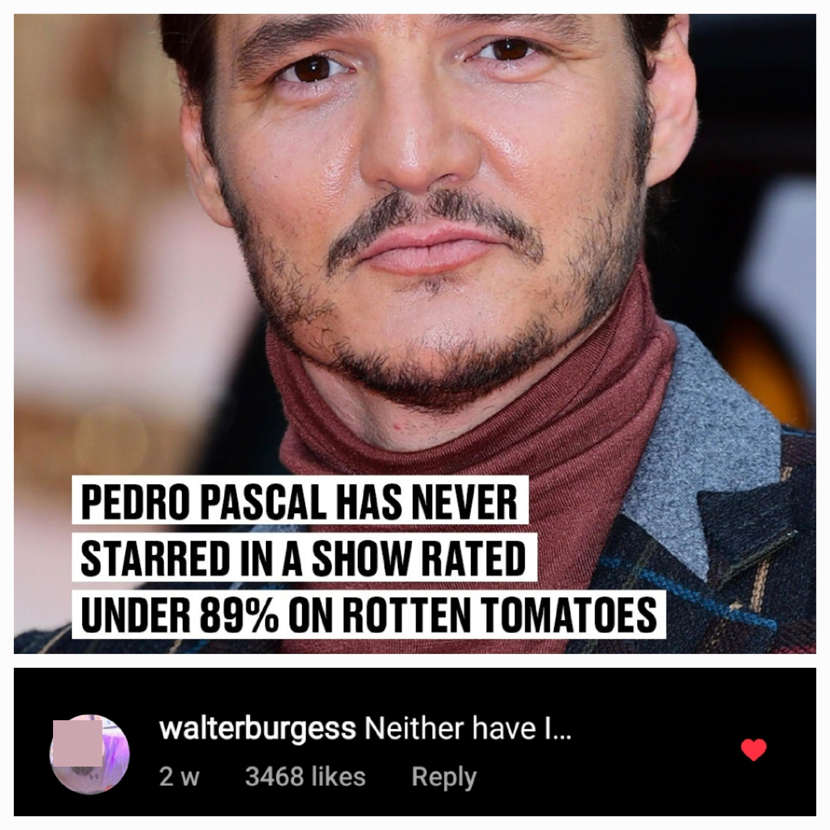 someone says pedro pascal has never starred in a show rated under 89 percent on rotten tomatoes and someone replies neither have i