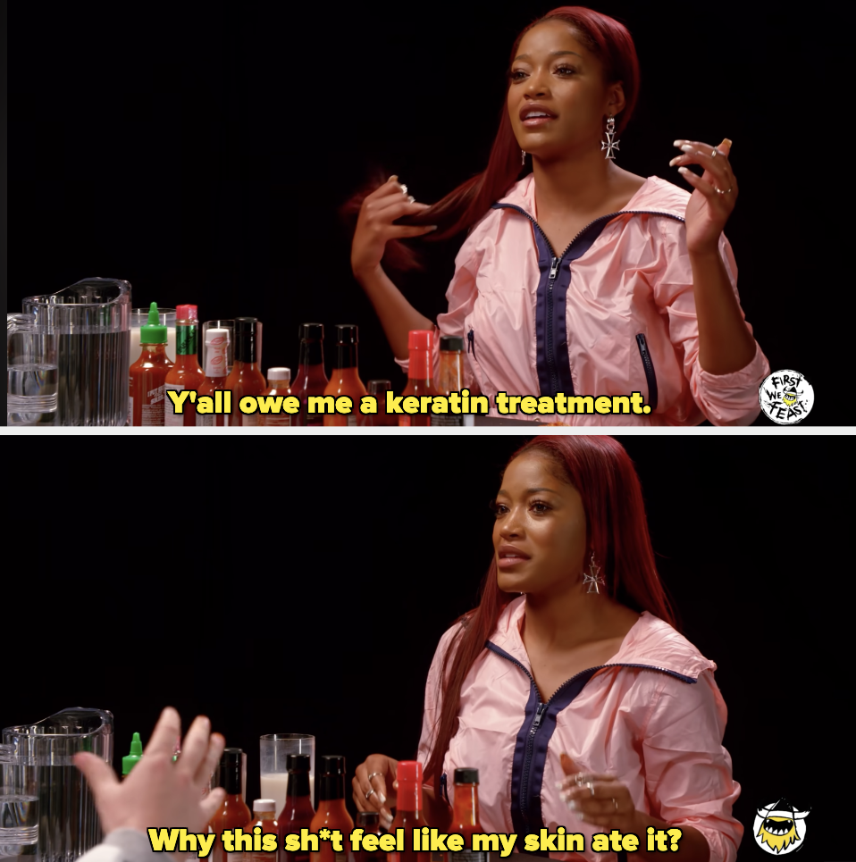Keke Palmer eating hot wings on Hot Ones, joking about her hair sweating and her skin being hot