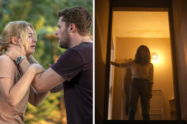 A crying woman’s face is held by her boyfriend in the woods / A young woman stands before a dark basement staircase in an illuminated doorway