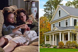 On the left, Rory and Lorelai cheers-ing their biscotti on Gilmore Girls, and on the right, a suburban home surrounded by trees