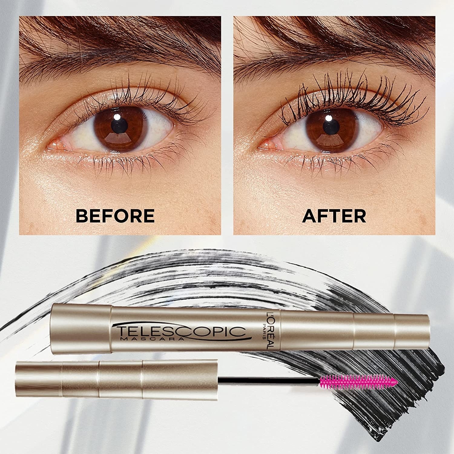 An eye before and after using the mascara on the lashes