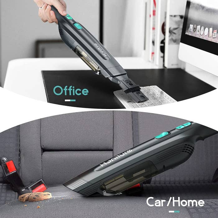 the vacuum being used in a home office and also in a car