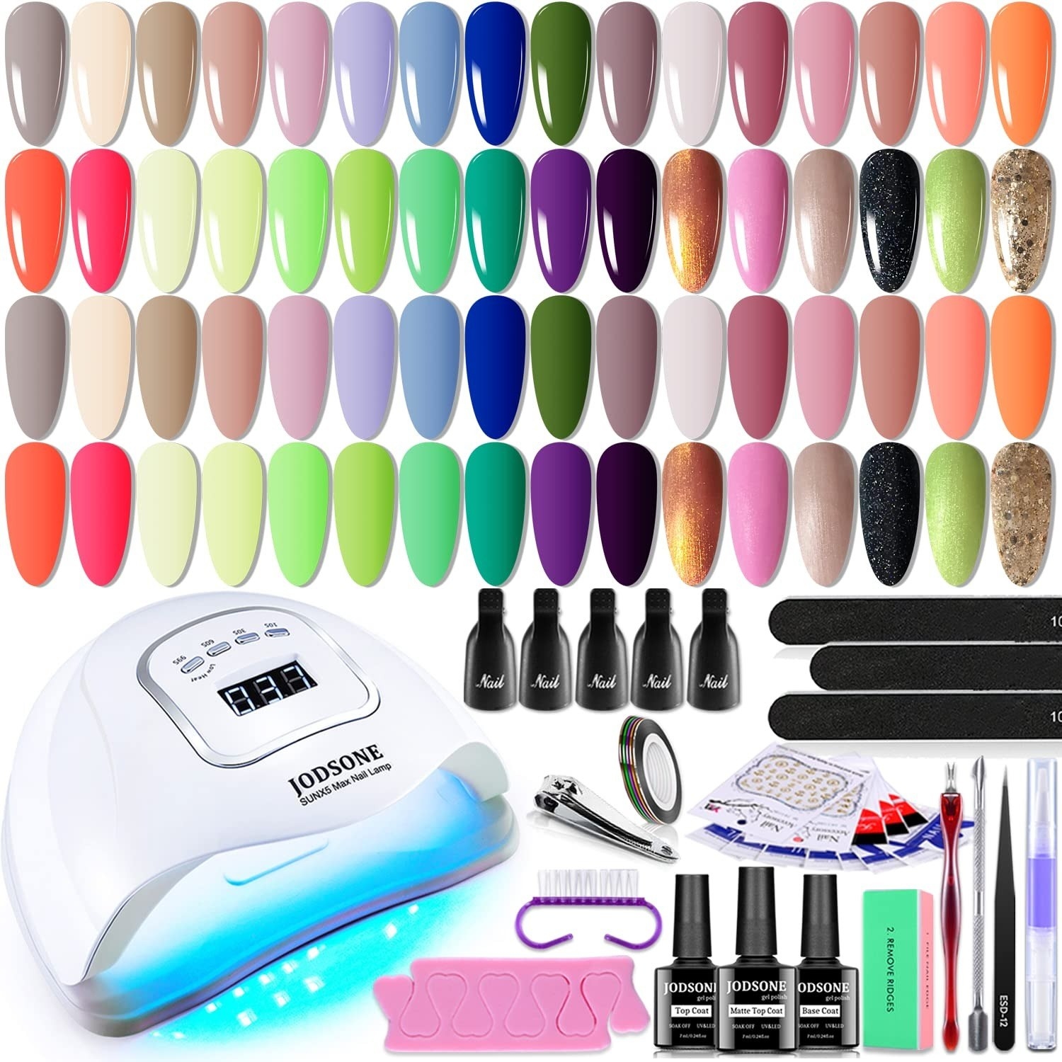 32 nail colors swatches, a uv light, and the other nail accessories include din the kit
