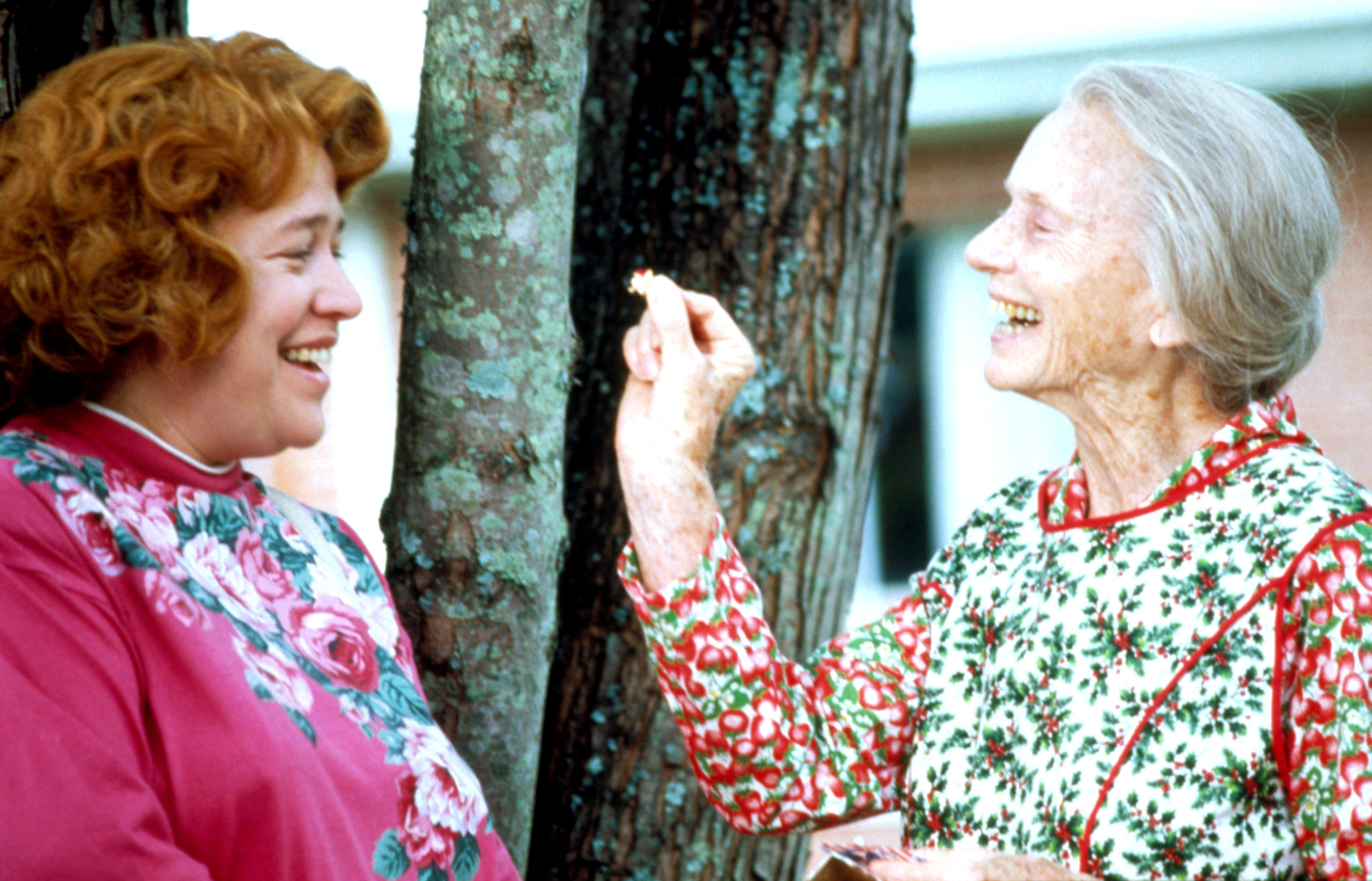 Kathy Bates stands near a tree and smiles as Evelyn as Jessica Tandy as Ninny pinches something in between her fingers