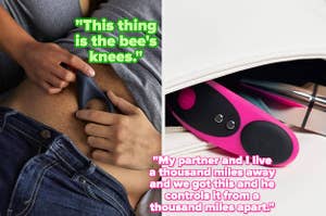 Model holding cock ring on torso and purse with pink and black panty vibrator