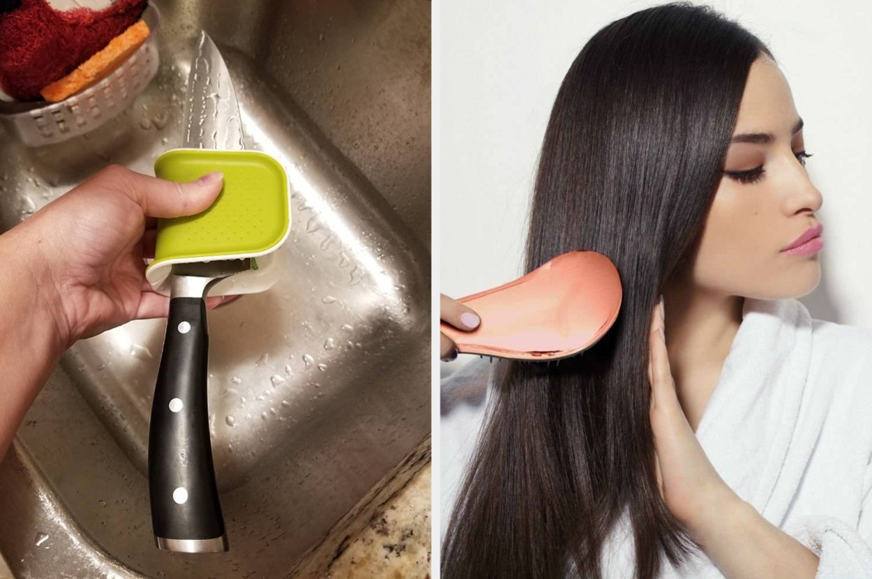 on left, hand holding knife while using a green utensil scrubber to clean it. on right, model using pink detangling brush in hair