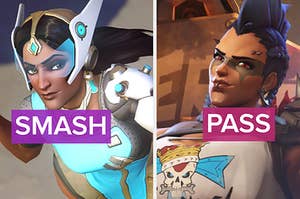 two images from the video game "overwatch 2": on the right is a woman with clear goggles and armor, with the word "smash" over her. on the right is another woman with a mohawk and face paint over her eyes. the word "pass" is over her