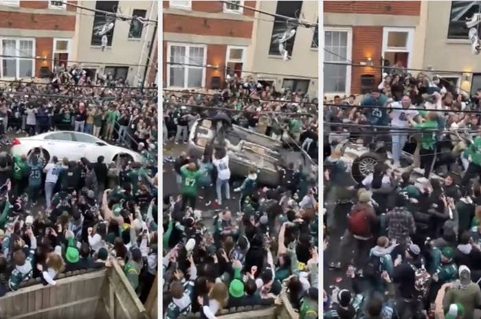 Eagles fans overturning a car