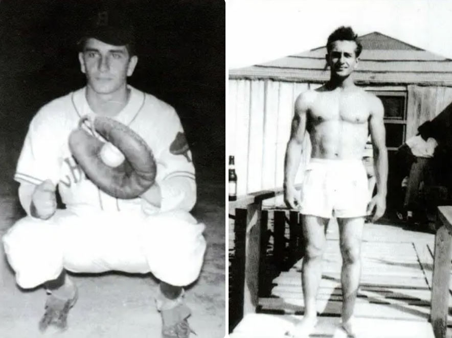 A young man from many years ago playing baseball and shirtless