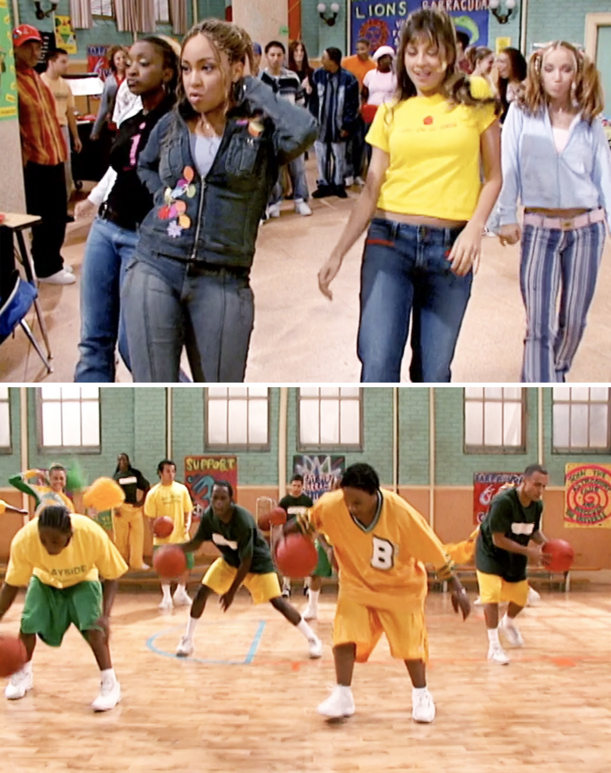 raven and her girlfriends strutting in the halls, and cory in the gym dancing with basketballs