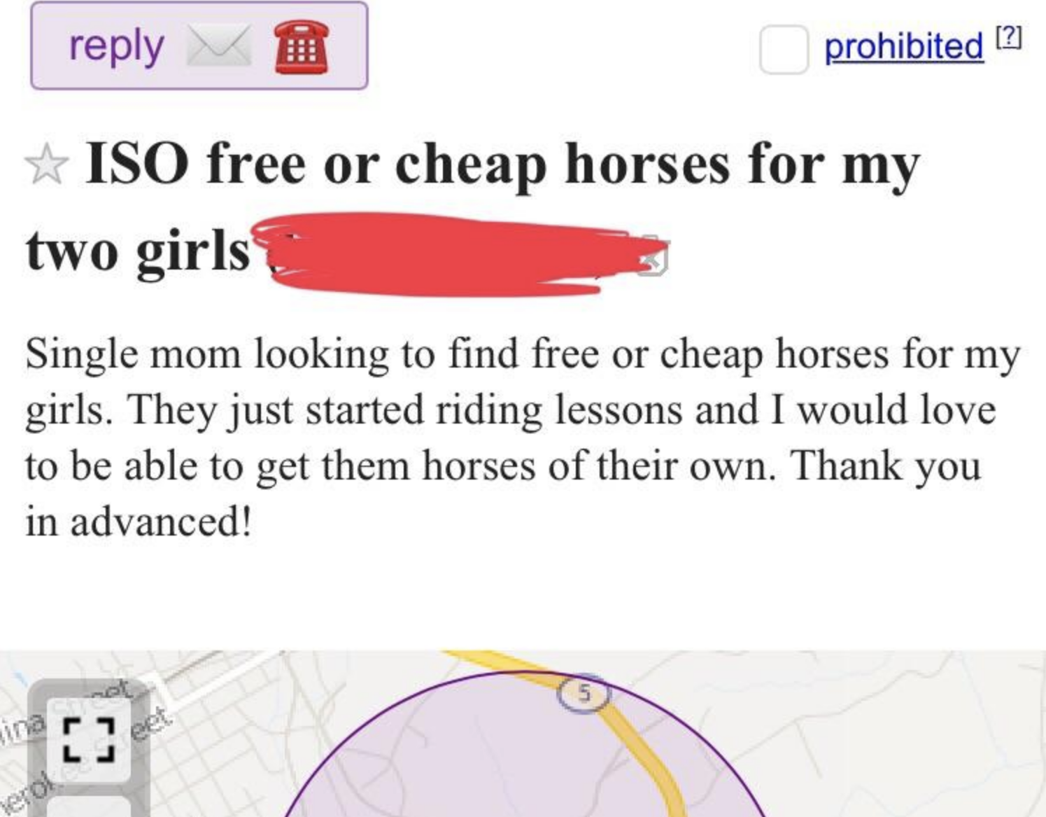 She&#x27;s &quot;ISO free or cheap horses&quot; for her two daughters