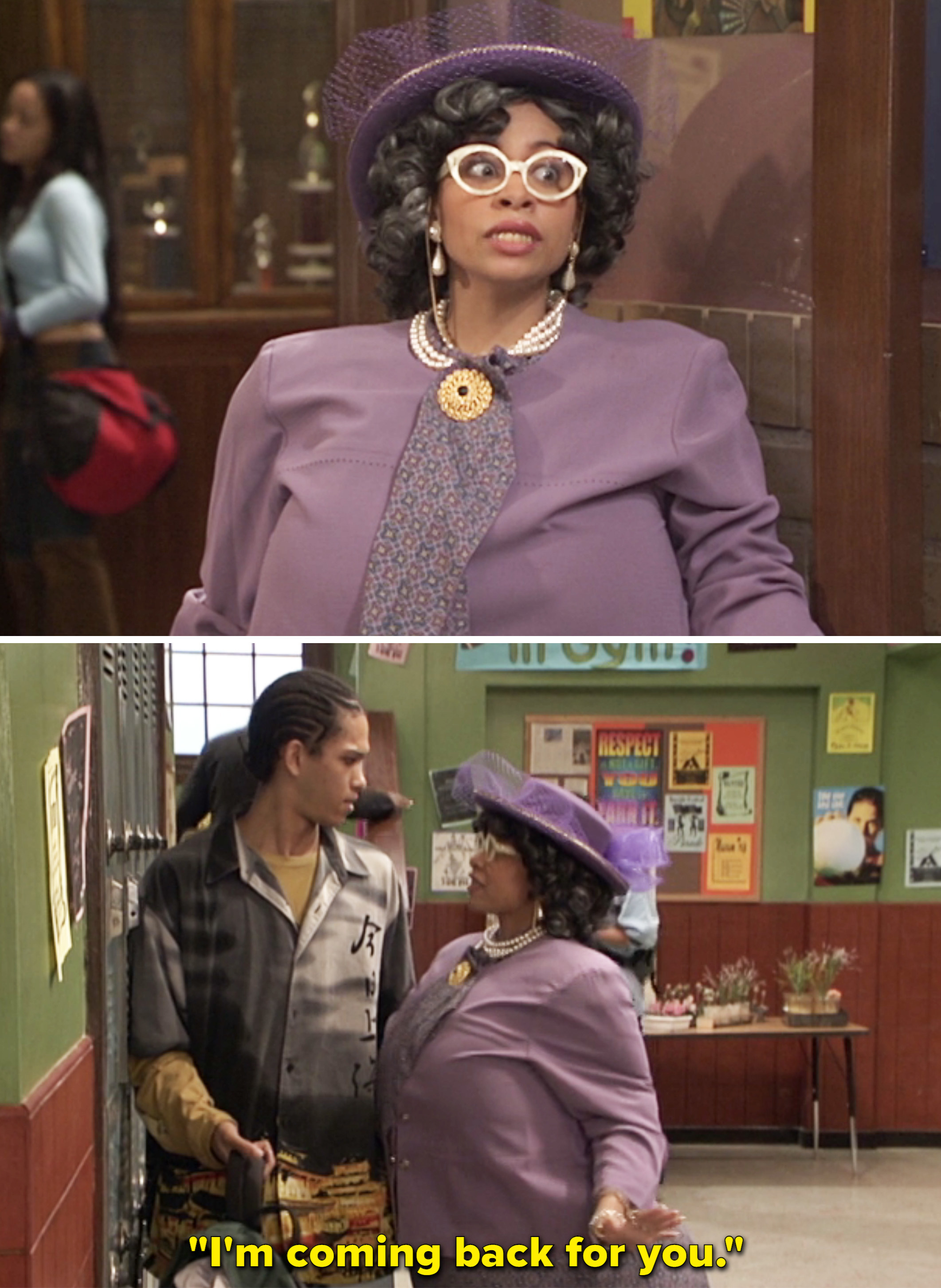 raven dressed like an older woman with a skirt suit and hat