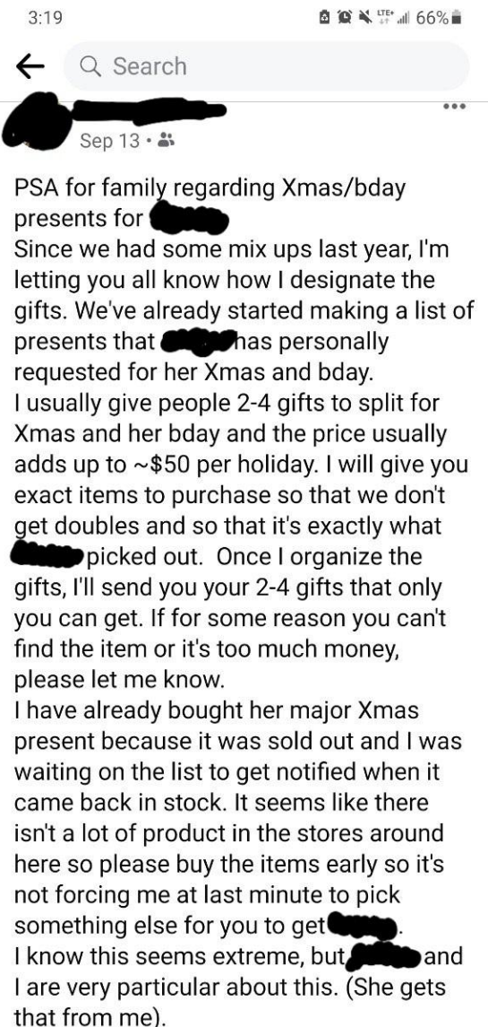 Long instructions for people to buy their child &quot;2-4 gifts&quot; for Xmas and their bday that the parent will pick for them from a list, and to spend about $50, and please shop early