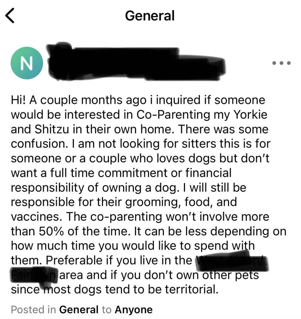 They&#x27;re looking for someone to co-parent their shih tzu and Yorkie in their home around 50% of the time, but they say they&#x27;ll still be responsible for grooming, food, and vaccines