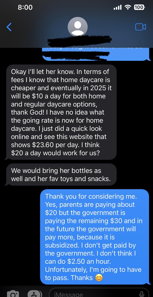 Mother is offering babysitter $20 a day based on an online search, and person says yes, parents are paying about $20 but the government is paying the remaining $30, and they can&#x27;t work for $2.50 an hour
