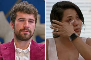 Cole from Love Is Blind has tears streaking down his face vs Nancy from the show wiping tears from her eyes