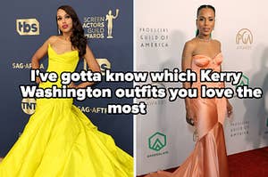 A split thumbnail, with two images of Kerry Washington in brightly coloured outfits