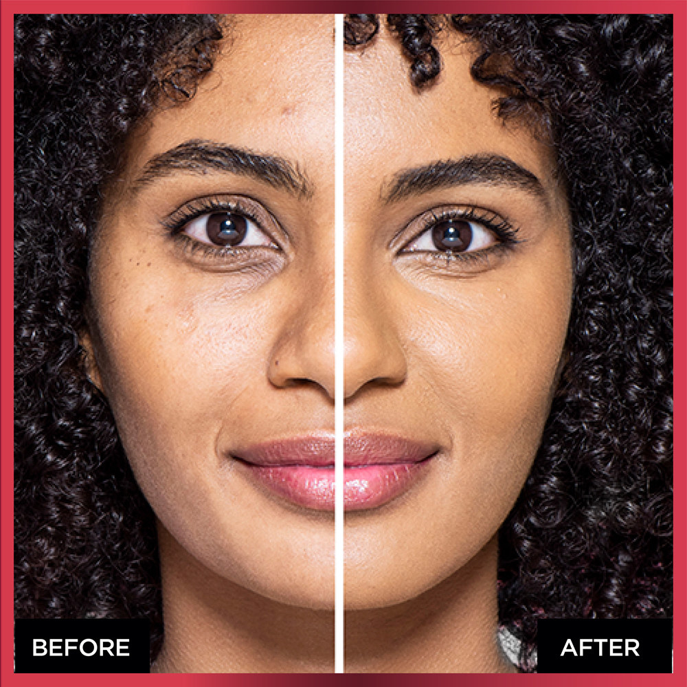 a before and after photo of a model for the face powder and showing how well it works