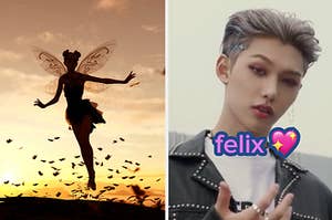 two images: on the left is a silhouette of a fairy, on the right is felix from stray kids' kpop band, wearing a rhinestone studded leather jacket and glitter in his hair