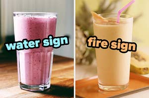 On the left, a strawberry smoothie labeled water sign, and on the right, a pineapple smoothie labeled fire sign