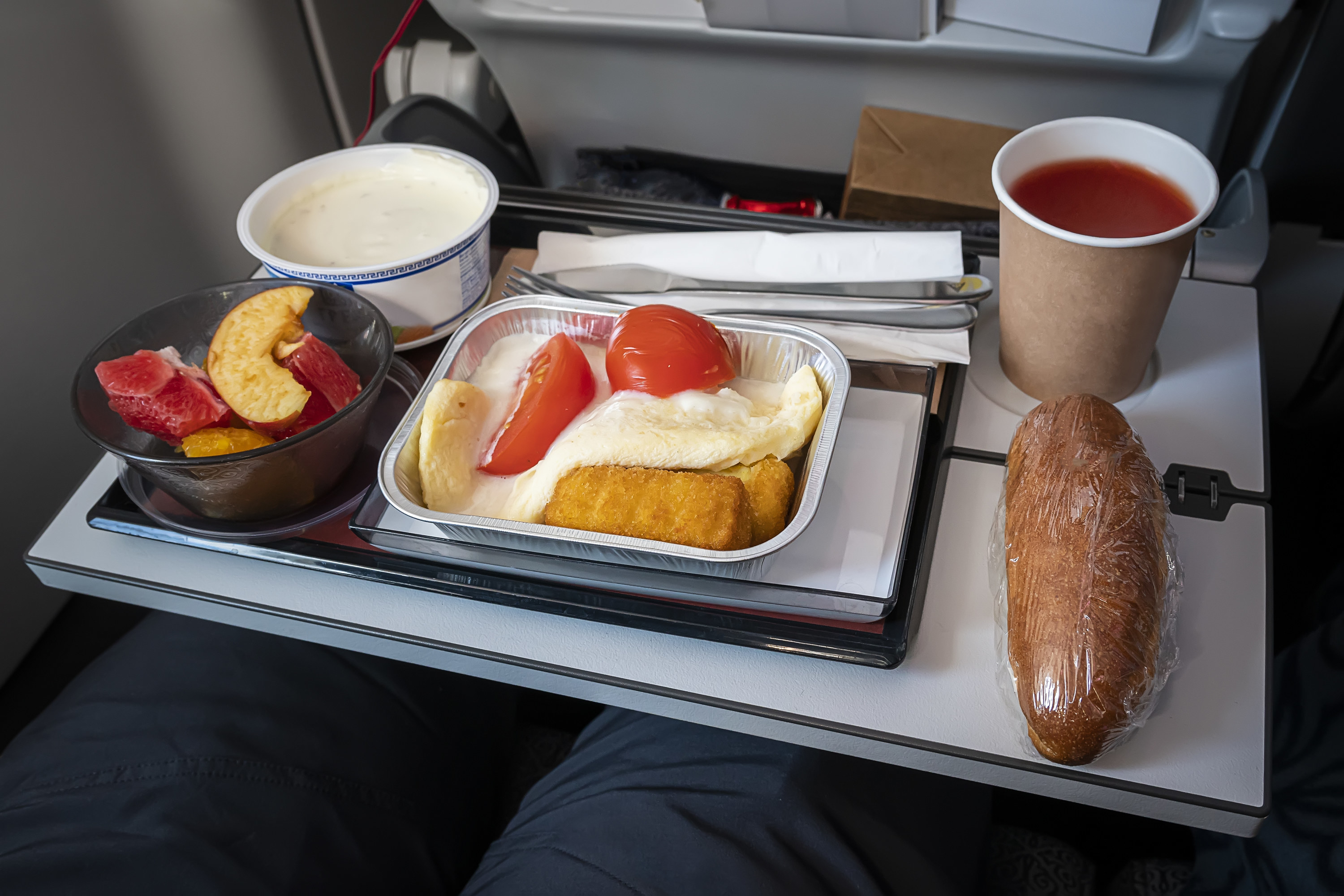 tray of food on an airplane
