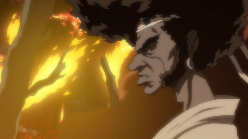 Afro surrounded by fire and ready to do battle