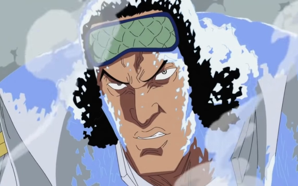 Kuzan in the middle of battle with ice around his face and body