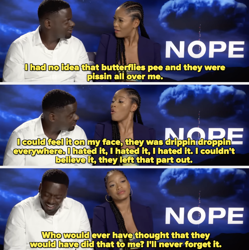 Keke Palmer with Daniel Kaluuya talking about butterflies peeing on her