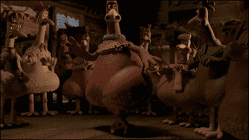 An animated chicken dances