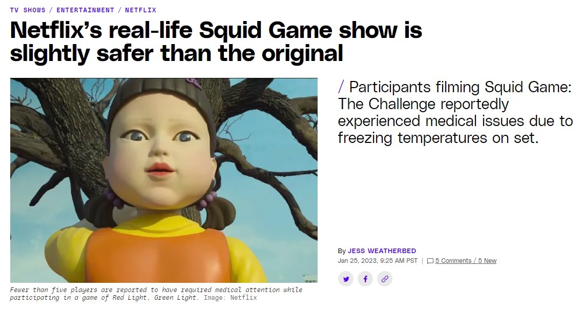 A news headline says that Netflix&#x27;s real-life Squid Game is dangerous for its contestants
