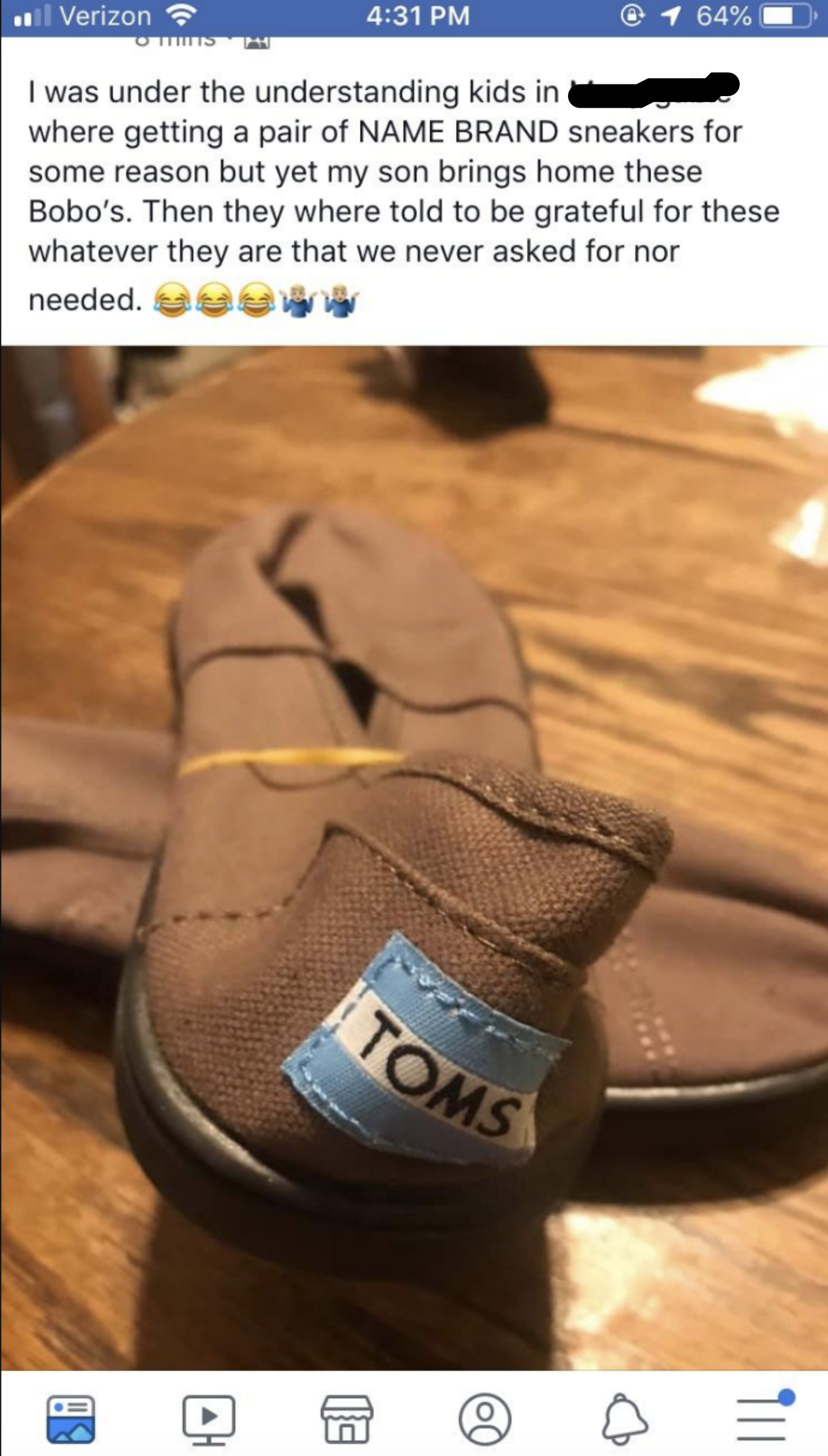 She posts a photo of Toms shoes and says she was under the impression her kids were getting name-brand sneakers