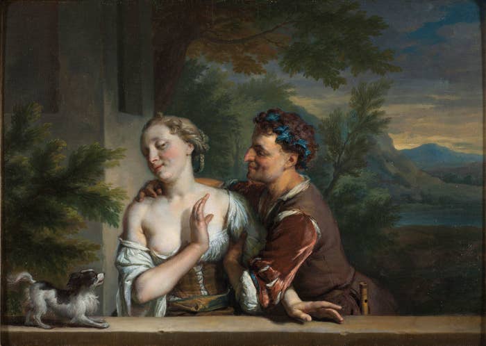 an oil painting titled "a man trying to embrace a woman"