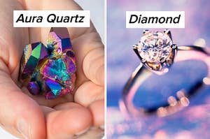 aura quartz on the left and a diamond ring on the right