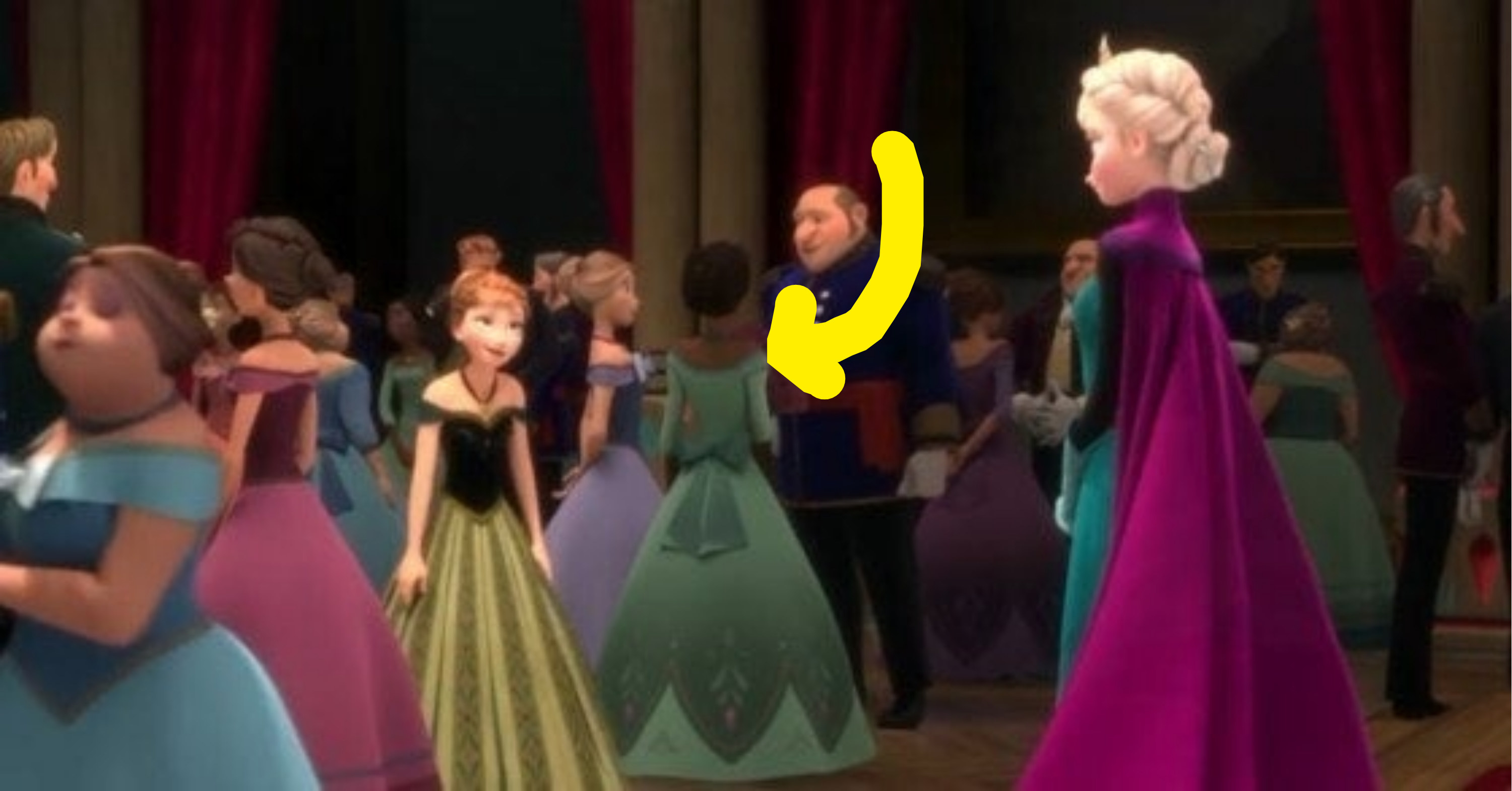 the ballroom scene from &quot;Frozen&quot; and an arrow is pointing to a possible Tiana cameo in the background of Elsa and Anna