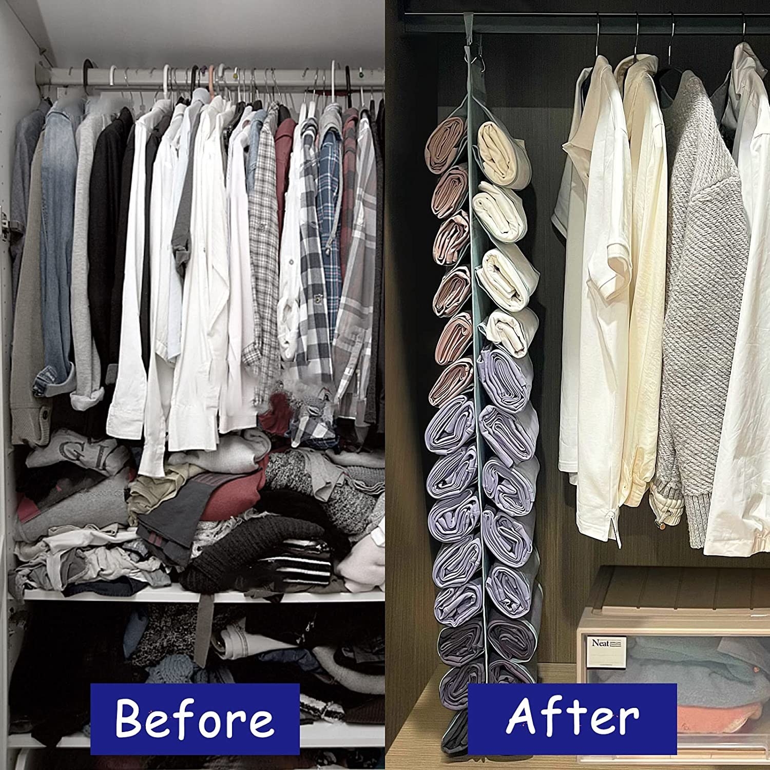before and after photos of a messy closet looking more organized after using the bag